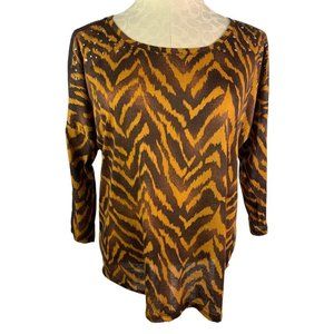 Medium Petite Lena Woman Sheer Print Pullover Top 3/4 Sleeve Embellished